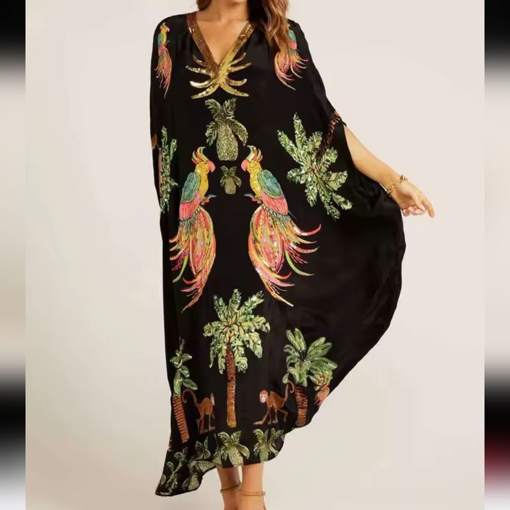New Summer V-neck A-line Dress Fashion AnimalPattern Printed Loose Dress Retro - Picture 2 of 3